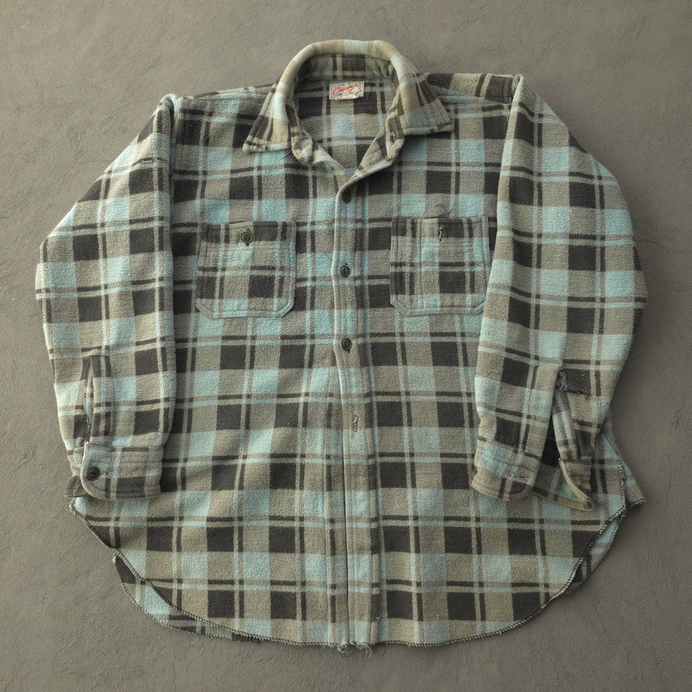 Vintage 90s Champion Blue Plaid Fleece Flannel Shirt Large Heavyweight LS